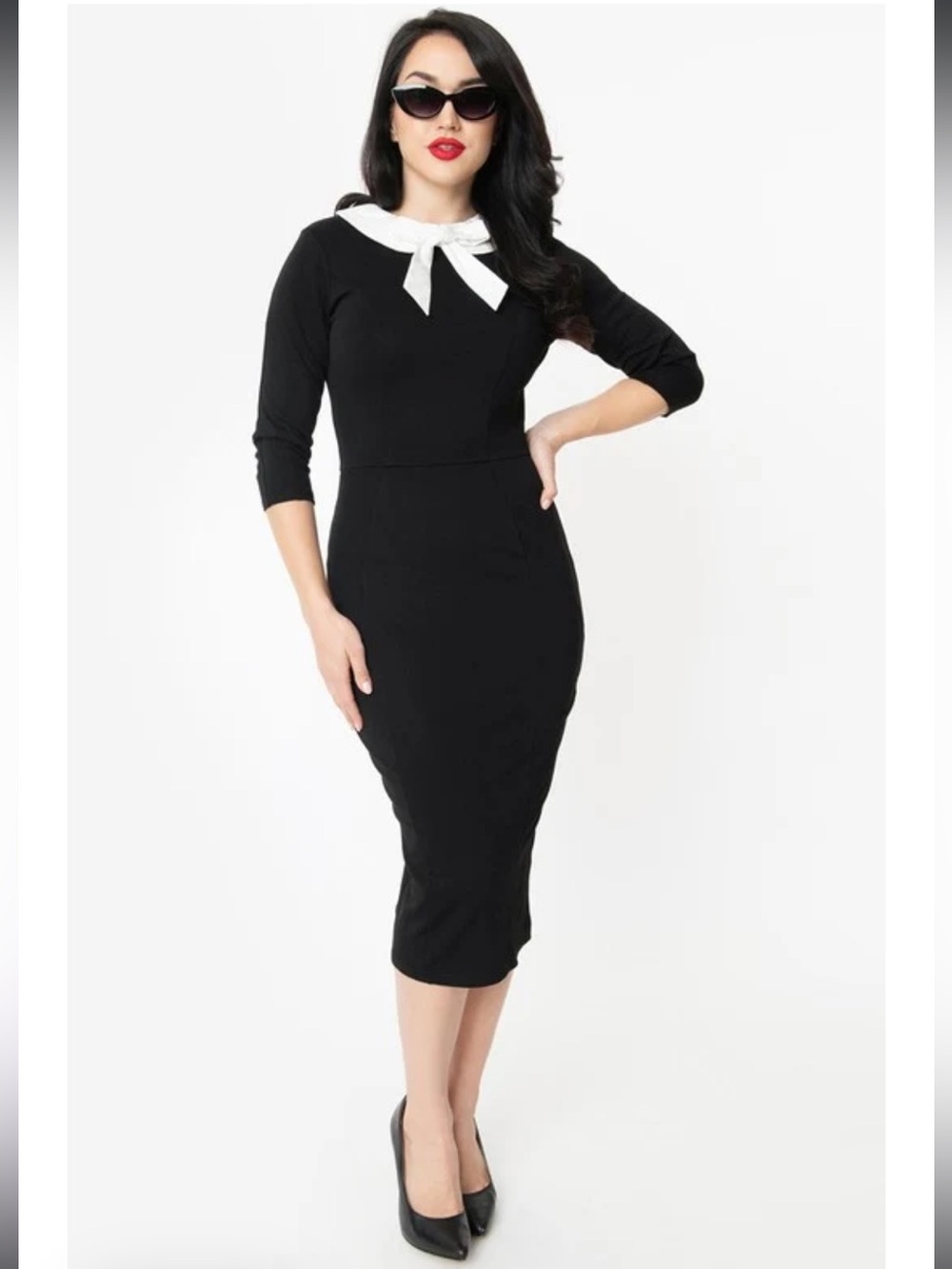 Unique Vintage Abbi Wiggle Dress Black White Peter Pan Collar Bow Women’s Size S